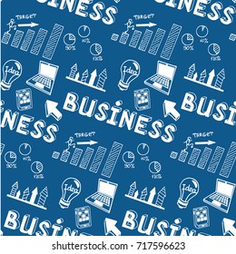 Business doodles sketch seamless pattern. Blackboard background. It include graphs, stats, devices, concepts, diagrams, business plan, strategy. Vector doodle hand drawn illustration.