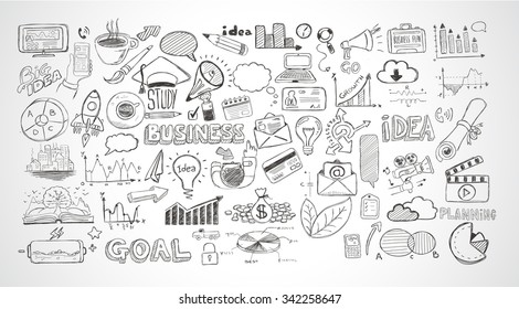 Business doodles Sketch set : infographics elements isolated, vector shapes. It include lots of icons included graphs, stats, devices,laptops, clouds, concepts and so on.