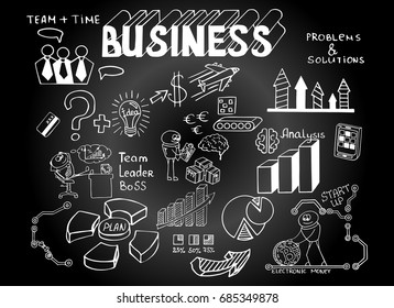 Business doodles Sketch set : infographics elements isolated, vector shapes. It include lots of icons included graphs, stats, devices, concepts. Vector hand drawn illustration. 