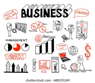 Business doodles Sketch set of infographics elements. It include icons of graphs, stats, devices, concepts. Funny doodle office worker. Business Plan. Graphs and Charts. Vector doodle illustration.