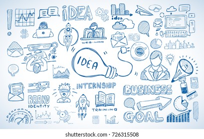 Business doodles Sketch set : infographics elements isolated, vector shapes. It include lots of icons included graphs, stats, devices,laptops, clouds, concepts and so on.