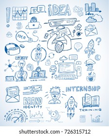 Business doodles Sketch set : infographics elements isolated, vector shapes. It include lots of icons included graphs, stats, devices,laptops, clouds, concepts and so on.