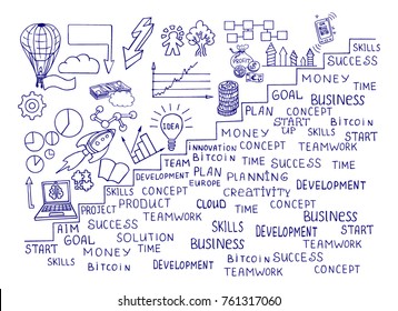 Business doodles Sketch set : infographics elements isolated, vector shapes. It include lots of icons included graphs, stats, devices, concepts. Vector color hand drawn doodle illustration.