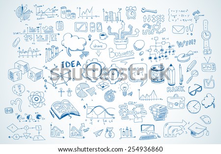Business doodles Sketch set : infographics elements isolated, vector shapes. It include lots of icons included graphs, stats, devices,laptops, clouds, concepts and so on.