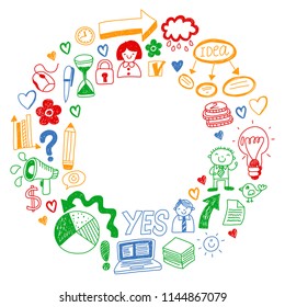 Business doodles. Social media icons. Vector background pattern. Internet, people, idea, teamwork.