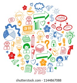 Business doodles. Social media icons. Vector background pattern. Internet, people, idea, teamwork.