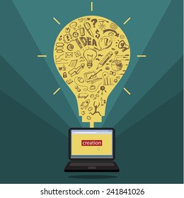 Business doodles in yellow silhouette of a bulb. Concept of idea