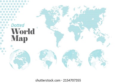 Business dotted world map and earth globes showing all continents. Vector illustration template for website design, annual reports, infographics, business presentation, marketing.