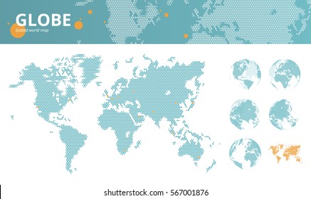 Business dotted world map with marked economic centers and earth globes. Vector illustration template for website design, annual reports, infographics, business presentations, printed material.