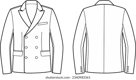 La chaqueta de negocios de doble pecho de los hombres. Delante y atrás. CAD de moda. Ilustración vectorial.