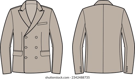 La chaqueta de negocios de doble pecho de los hombres. Delante y atrás. CAD de moda. Ilustración vectorial.