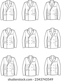 Business double breasted jacket flat sketch. Office blazer design. Front and back. Men CAD mockup. Technical drawing template. Vector illustration.