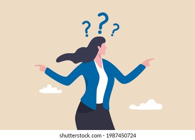 Business doubt choice, make decision on work direction, choose career path or option or alternative concept, doubtful businesswoman choosing choice and pointing her finger to left and right direction.