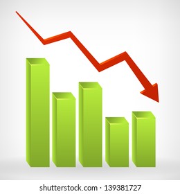 Business down shiny chart width negative arrow. Vector illustration. Isolated from background.