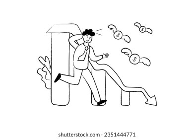 Business downturn concept with people scene in the flat black and white cartoon style. A businessman is in despair because he sees how his monetary indicators are decreasing. Vector illustration.
