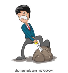 Business Draw Sword Inside Rock Vector