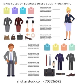 Business dress code infographic. People in formal clothes and shoes. Official suits for Man and woman isolated on white background. Vector illustration eps 10