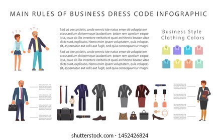 Business dress code infographics. People in formal clothes. Rules for man and woman in official suits. Flat Art Vector illustration