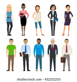 Business dressed and casual dressed people standing on white background. Vector illustration