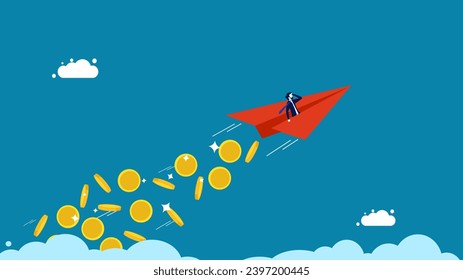 Business is driven by money. Businessman controls a confetti rocket to throw coins in the sky. vector 