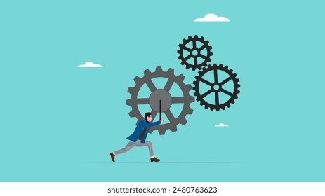 business driver, manager of business management or strategy, business leadership skill, smart businessman turns gears to drive business turnover concept vector illustration