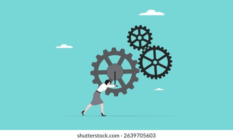 business driver, manager of business management or strategy, leadership skill, smart business woman turns gears to drive business turnover concept vector illustration
