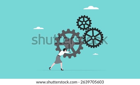 business driver, manager of business management or strategy, leadership skill, smart business woman turns gears to drive business turnover concept vector illustration