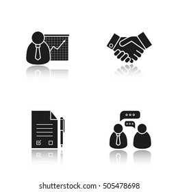 Business drop shadow black icons set. Presentation with graph, handshake symbol, signed contract with pen, business talk. Isolated vector illustrations