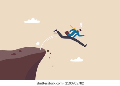 Business Dumb, Mistake, Silly Or Self Sabotage Idea, Bad Decision In Risky Situation Causing Business Failure Concept, Dumb Thoughtless Businessman Jump Off The Cliff Killing Himself.