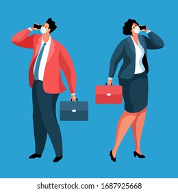 Business during the coronavirus epidemic. Businessman and businesswoman wearing medical face masks, standing and speaking on the phone. Vector illustration