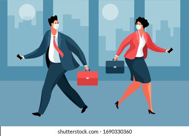 Business During The Coronavirus Epidemic. Businessman And Businesswoman Wearing Medical Face Masks, With Briefcases And Smartphones, Meeting In The Office. Vector Illustration