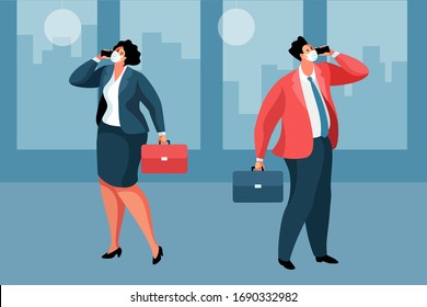 Business during the coronavirus epidemic. Businessman and businesswoman wearing medical face masks, with briefcases and smartphones, standing and speaking on the phone. Vector illustration