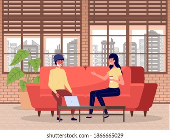 Business during the coronavirus epidemic. Businessman and businesswoman talking sitting in office wearing medical face masks, meeting in the office. Vector illustration communicating people