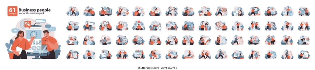 Business dynamics set. Diverse team engaging in various corporate activities, from data analysis to creative brainstorming and strategy planning. Flat vector illustration pack.