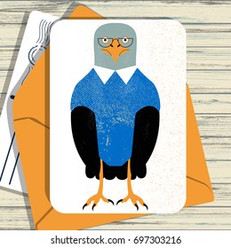 Business eagle in glasses postcard isolated