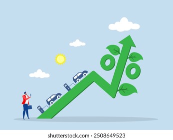 ECO de negócios ou EV Carga de carro, carro de estoque elétrico e aumentar o ganho. Conceito de ilustração vetorial gráfico do mercado de energia para veículos de lucro e ambiente.