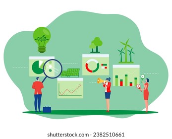 Business eco principles with sustainable stock market Environmental investment evaluation with renewable resources consumption Green finance and impact investing for sustainable vector illustration.