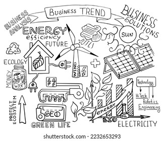 Business and Ecology Hand drawn doodle sketch vector illustration isolated on white background. Ecological lifestyle. Green world concept. Alternative energy sources. Vector doodle illustration.