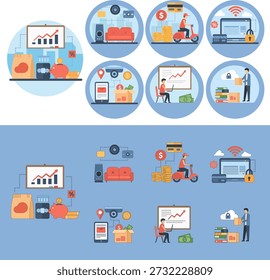 Business and E-commerce Concept Icons Set with Financial Analytics, Delivery Service, Security and Logistics Flat Vector