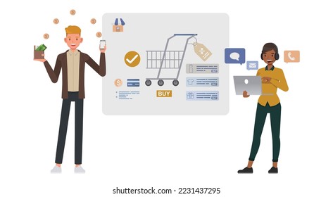 Business ecommerce concept. Office man and woman character vector design. Business people working in office planning, thinking and economic analysis on isolated white background.