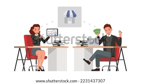 Business ecommerce concept. Office man and woman character vector design. Business people working in office planning, thinking and economic analysis on isolated white background.