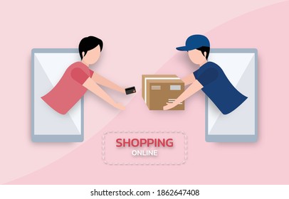 Business e-commerce concept. Online payment concept. Shop online by phone. People character illustration with phone online transaction and payment. flat style drawing. Vector and easy to customize 