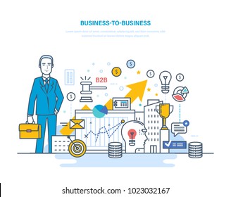 Business to business, e-commerce, electronic trading, capital markets, financial stock market. Trade exchange, growth finance. Business strategy, partnerships. Illustration thin line design.