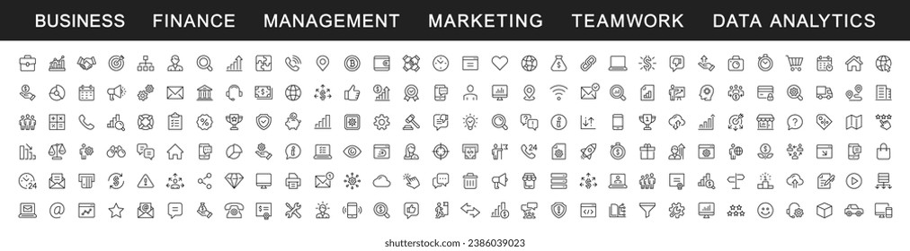 Business, e-commerce, management, finance, teamwork, marketing, data analytics, device thin line icons set. Editable stroke. Vector