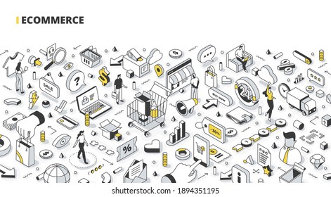 Business, e-commerce, and online shopping. Abstract concept of searching, purchasing items via the internet. Vector illustration with isometric objects in the line style