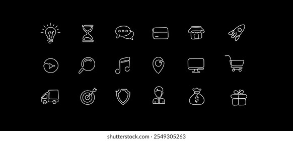 Business, E-commerce and Retail Vector Continuous Line Icons. Lightbulb, Credit Card, Store, Rocket, Clock, Magnifying Glass, Location Pin, Shopping Cart, Delivery Truck and more.