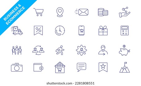  Business, E-Commerce and Shopping thin line icons set. E-Commerce, Shop, Online Shopping Editable Stroke icons collection. Shoppind symbols set.