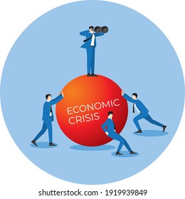 Business economic crisis concept of partnership, teamwork, fight together and team back up. Businessman use binoculars looking for a business opportunity stand on big red ball. Support by colleagues.