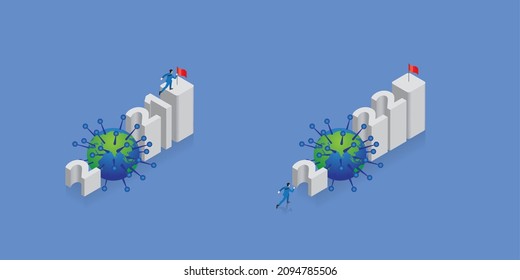 Business, economic crisis, and a pandemic of virus COVID-19 coronavirus concept. Businessmen step up a text arranged in word and reach a red flag in the 2021 year end and start a new fight in 2022.