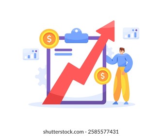 business and economic development concept. increasing profits, revenue, sales, finance. illustration of a businessman with improving and growing financial reports. flat style design. elements